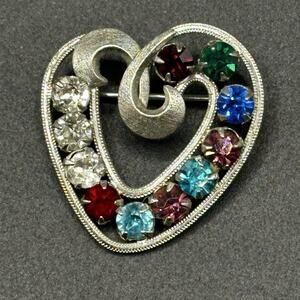 Vintage DCE Curtis Mfg Rhinestone Sterling Silver Heart Pin Brooch MCM Modern